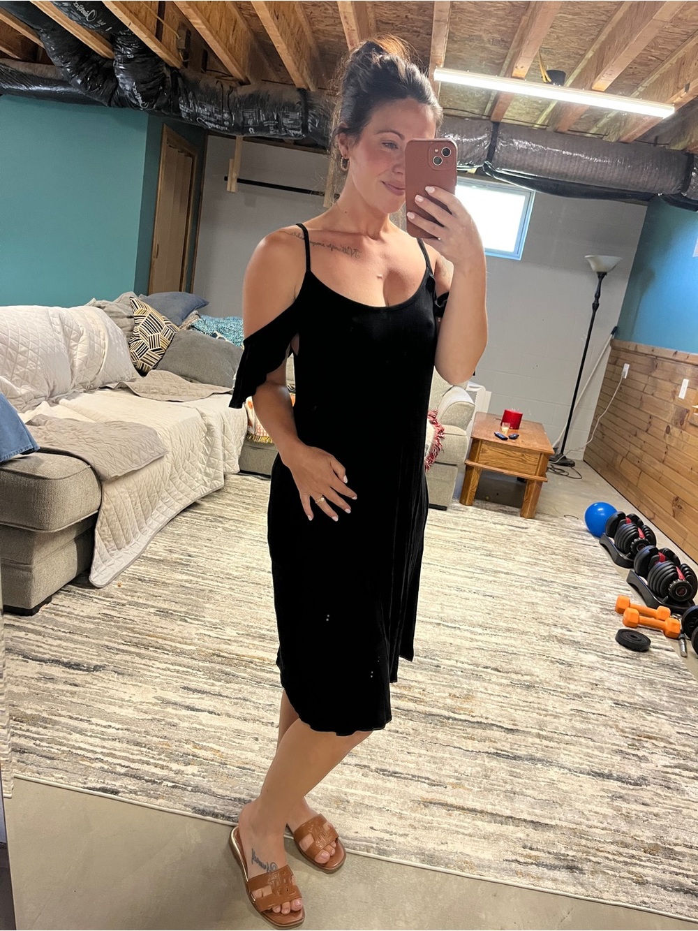 Cold-Shoulder Black Midi Dress with Thin Straps
